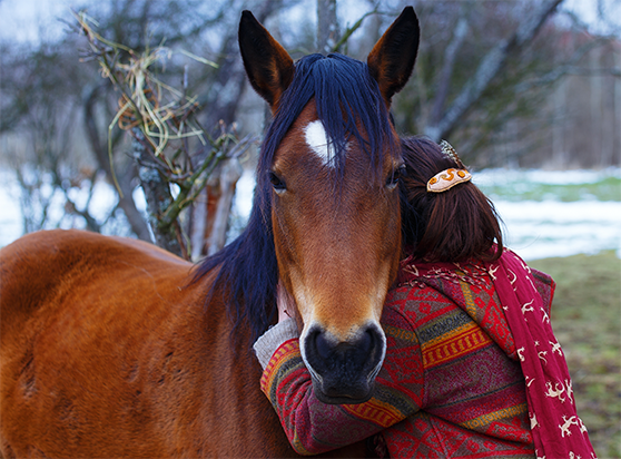 a woman hugging a horse
